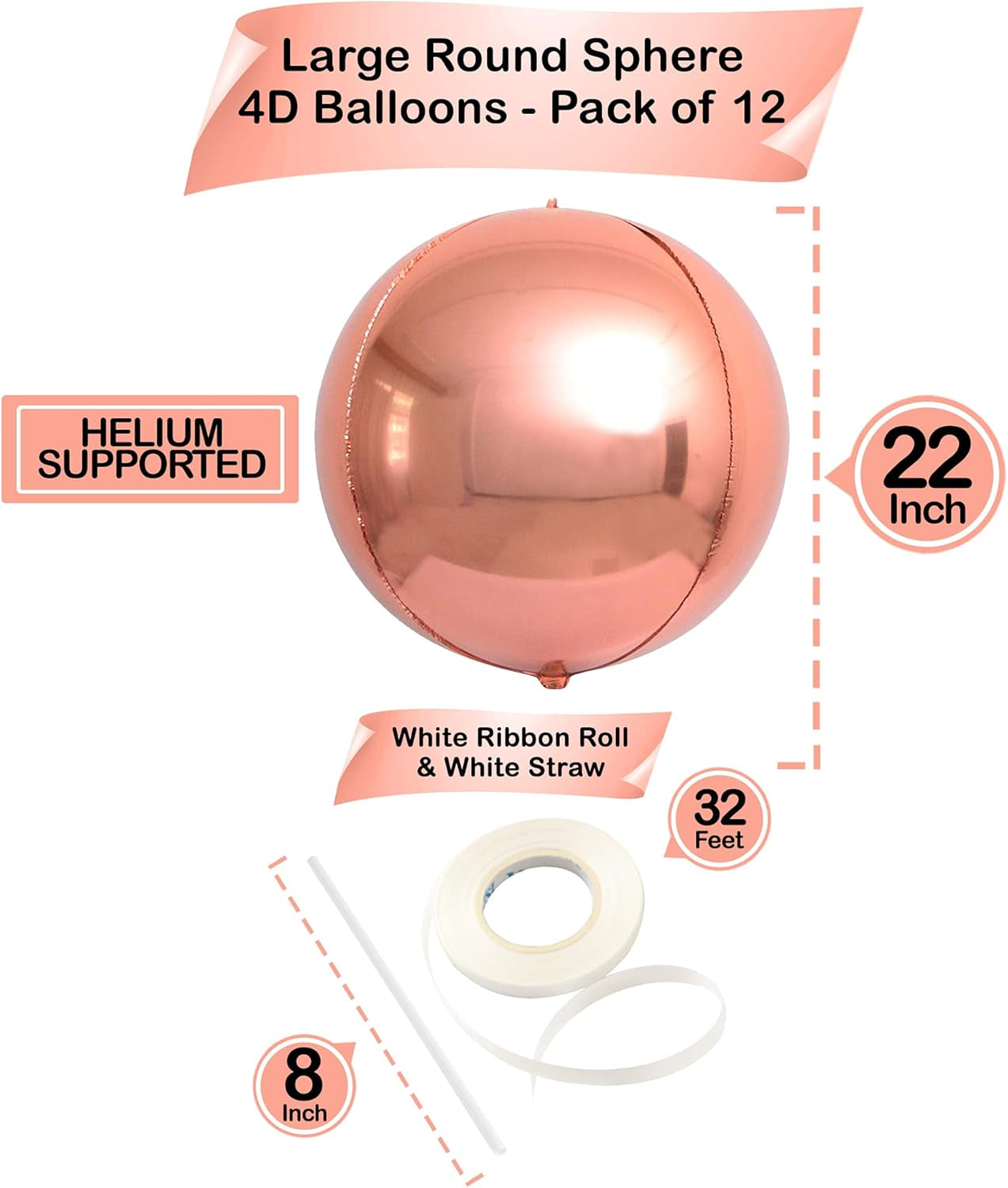 Premium Metallic Rose Gold Balloons - 22 Inch, Pack of 12 | Mylar and Chrome Foil Balloons for Elegant Party Decorations