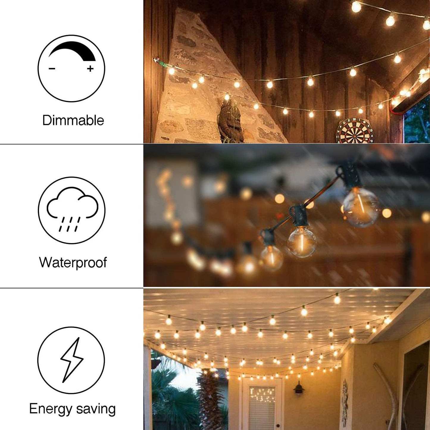 29FT Waterproof Outdoor String Lights with 15 Dimmable Shatterproof Bulbs for Patio, Porch, and Backyard, E12 Socket Base