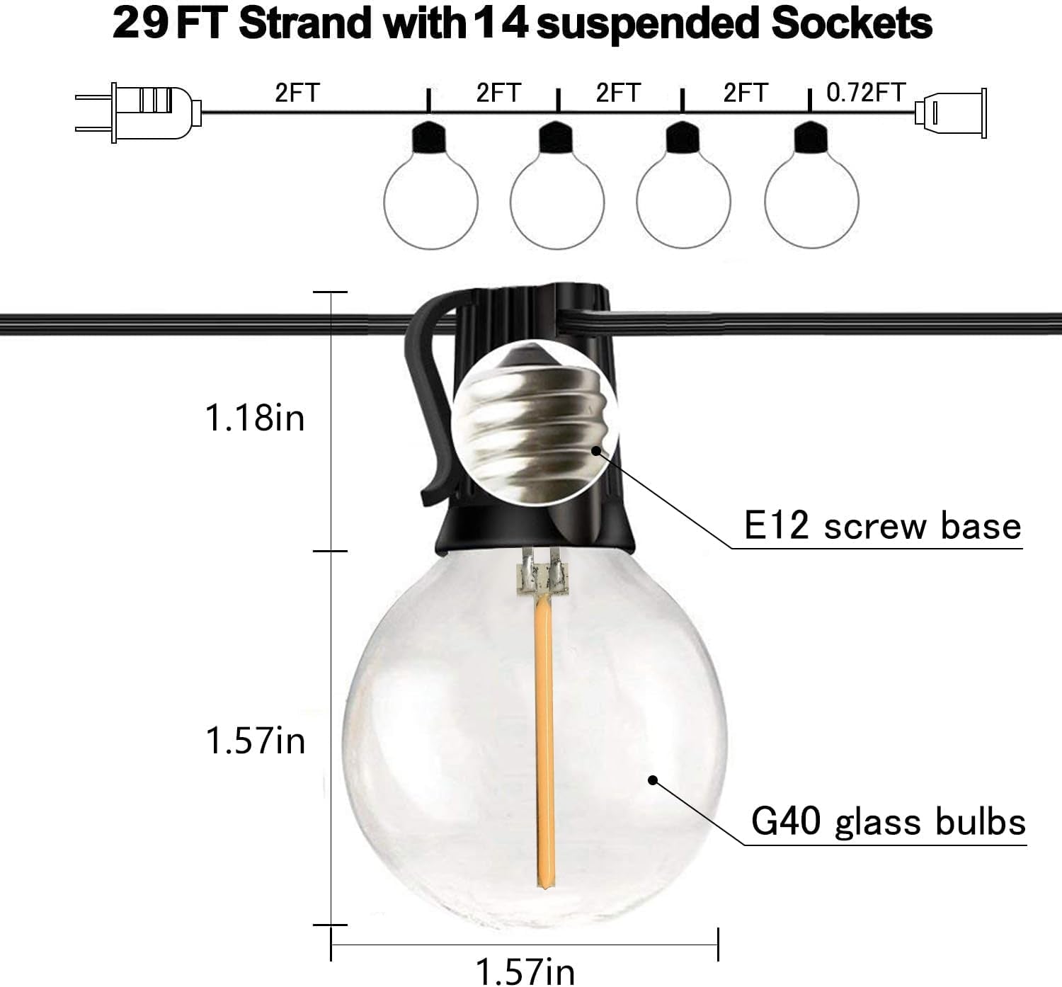 29FT Waterproof Outdoor String Lights with 15 Dimmable Shatterproof Bulbs for Patio, Porch, and Backyard, E12 Socket Base