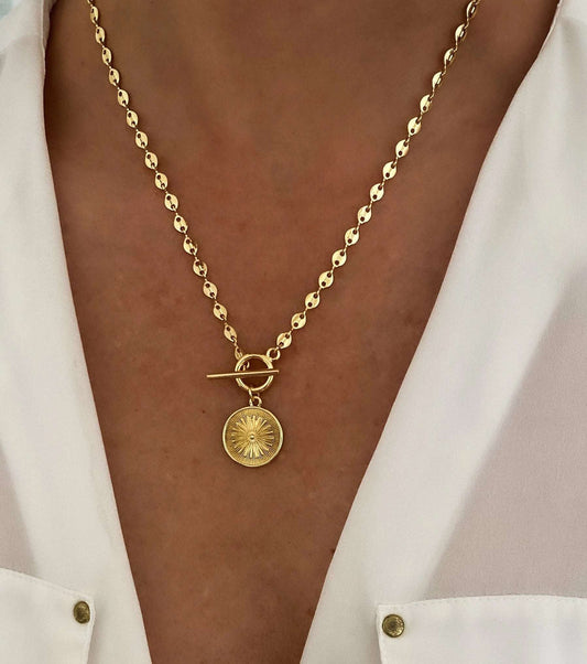 24K Gold Filled Mariner Chain Necklace with Toggle Closure, Gold Necklace, Toggle Medallion Necklace, Sun Necklace, Jewelry Gift for Her